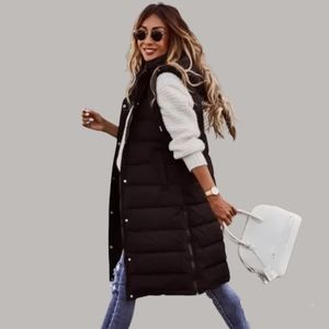 Long Sleeveless Quilted Puffer Coat Black Vest Jacket Hood Lightweight Travel